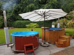 Fiberglass lined outdoor hot tub integrated heater with wood staining 78