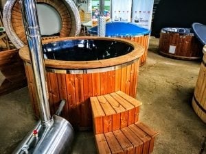Outdoor Hot Tub With Wood Fired External Burner Black Fiberglass Thermo Wood (8)