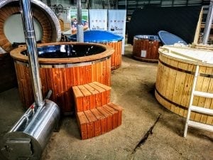 Outdoor Hot Tub With Wood Fired External Burner Black Fiberglass Thermo Wood (9)