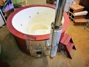 Fiberglass lined outdoor hot tub integrated heater with wood staining in red 28