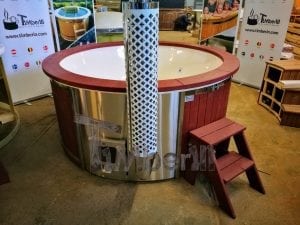 Fiberglass lined outdoor hot tub integrated heater with wood staining in red 32